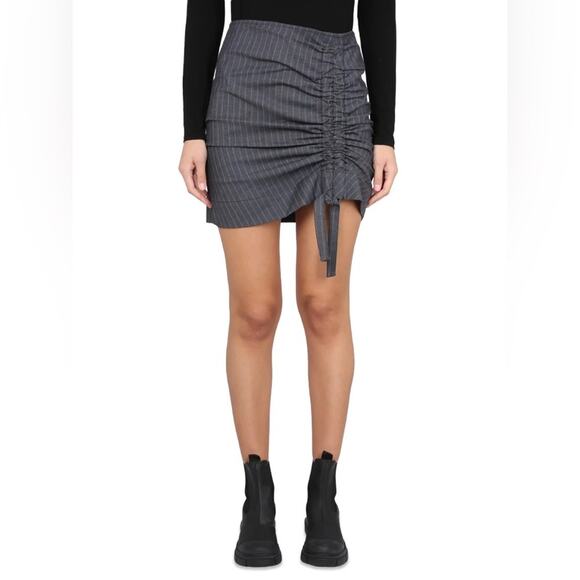 GANNI Ruched Front Pinstriped Print Grey Mini Skirt Size DK 36 US 6